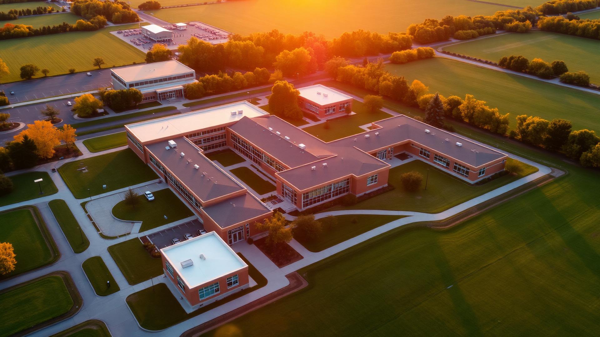 Aerial view of a K-12 campus at golden hour