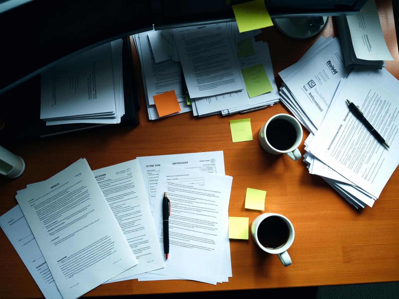 Cluttered administrator desk full of paperwork
