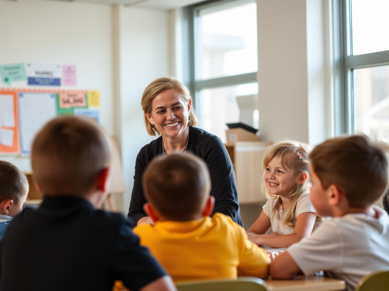 Principal smiling with elementary students in a classroom